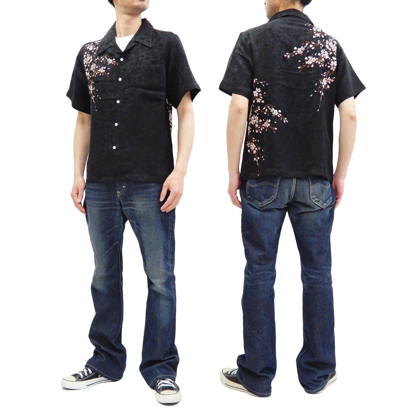 Hanatabi Gakudan Men's S/S Jacquard Shirt with Japanese Art Embroidery SS-001 Black