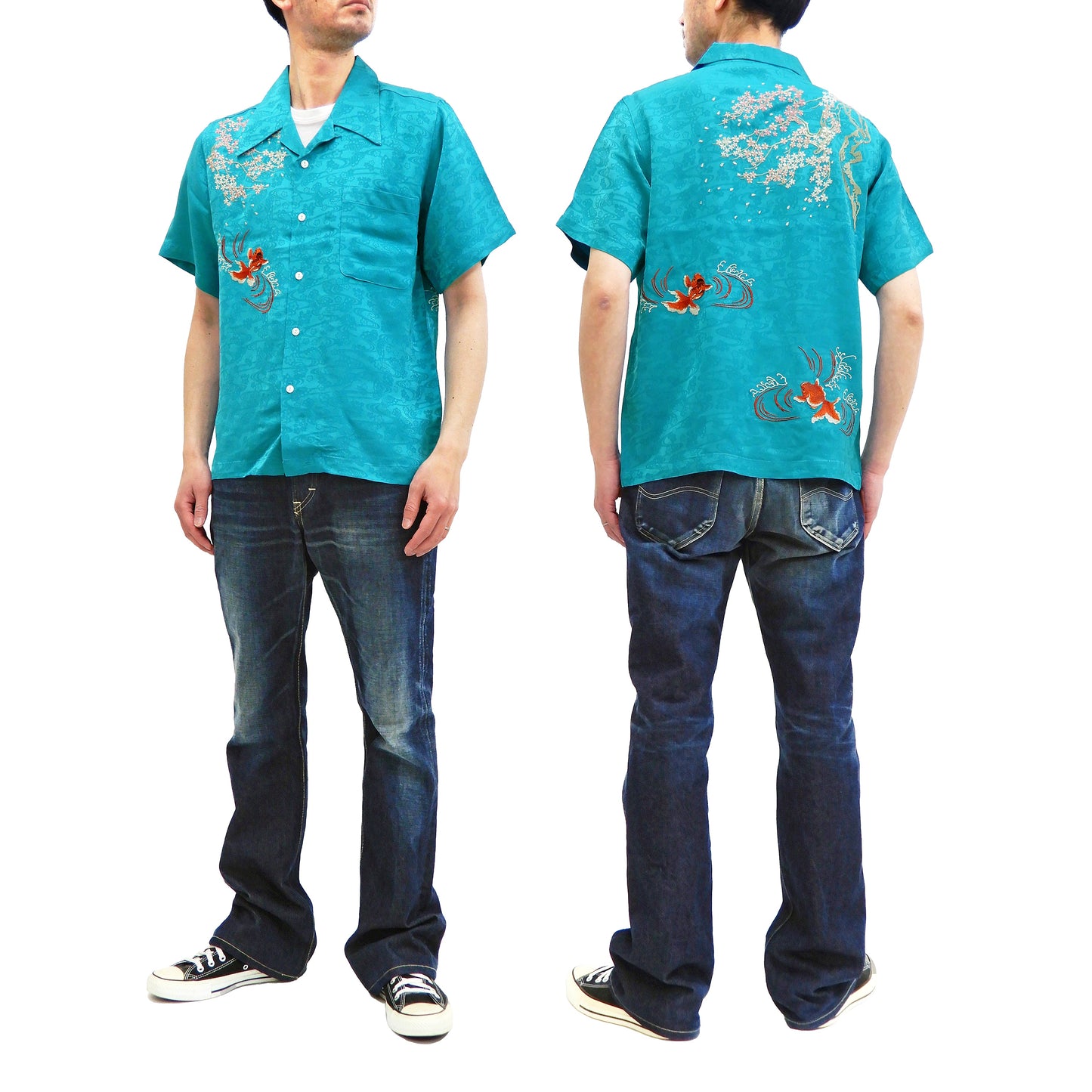 Hanatabi Gakudan Men's S/S Jacquard Shirt with Japanese Art Embroidery SS-002 Blue-green