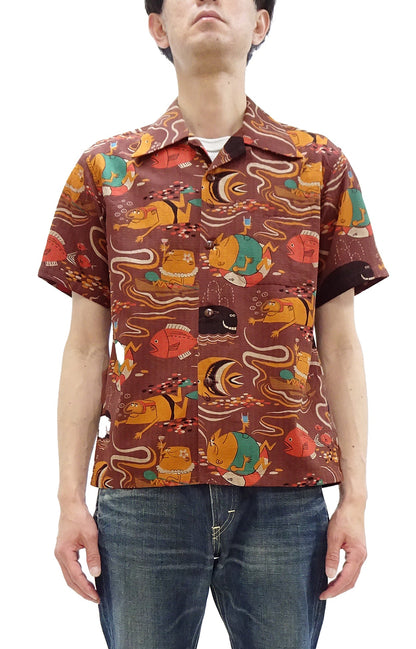 Sun Surf Men's Cotton Hawaiian Shirt - Uncle Torys Graphic Design - Short-Sleeve Aloha Shirt "Ocean Activities" SS39538 138 Brown