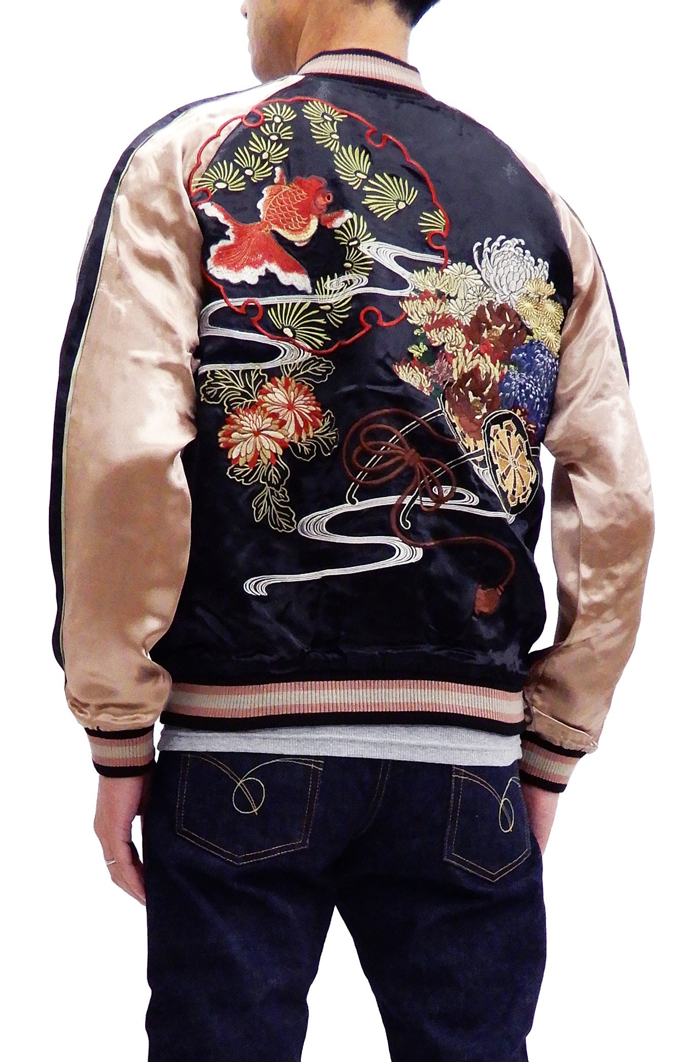 Hanatabi Gakudan Men's Japanese Souvenir Jacket Japanese Goldfish Art Sukajan Script SSJ-517