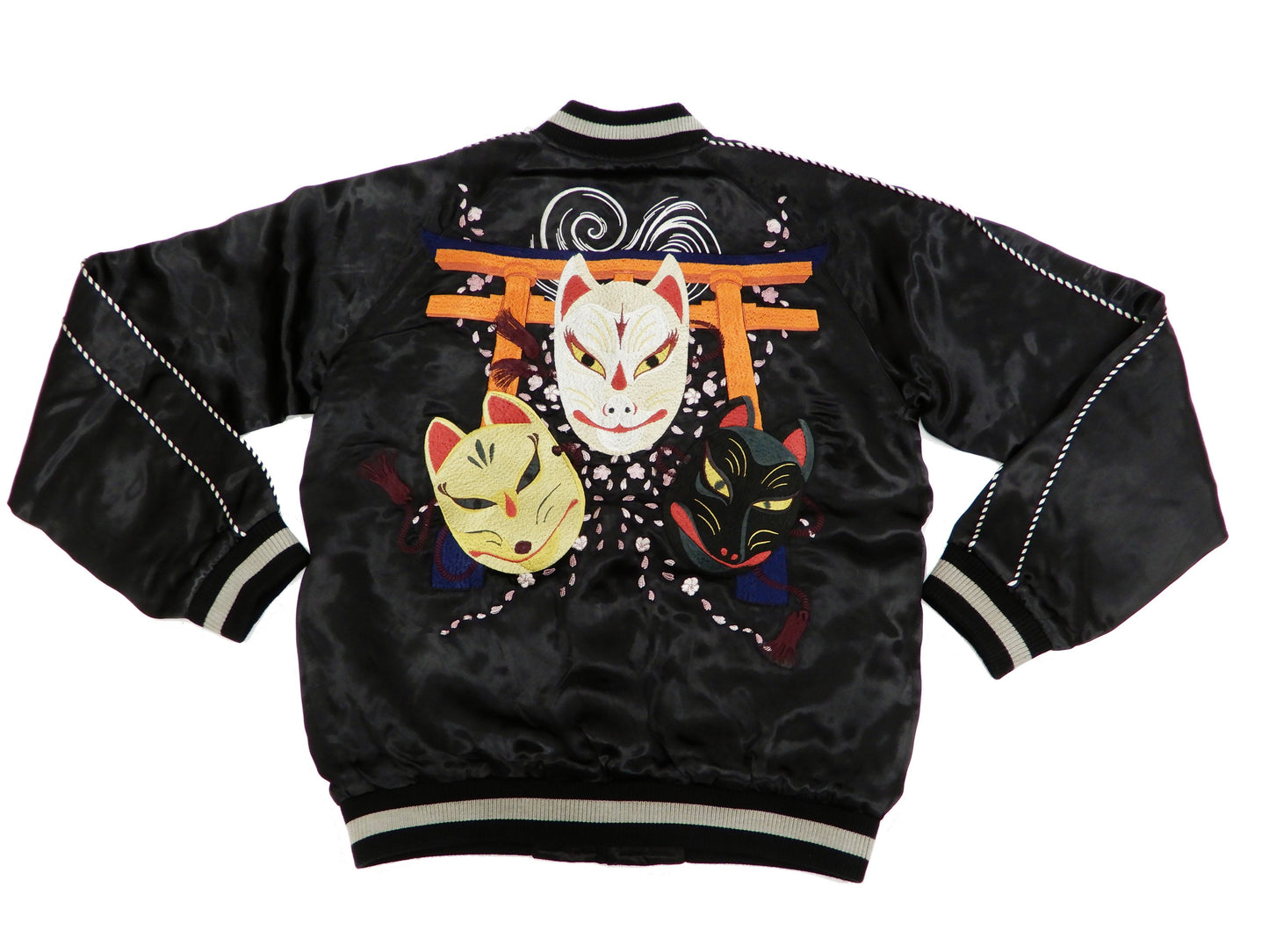 Hanatabi Gakudan Men's Japanese Souvenir Jacket Japanese Fox Mask Sukajan Script SSJ-520