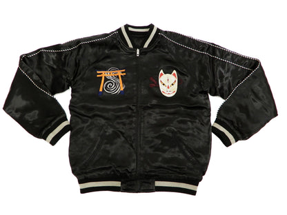 Hanatabi Gakudan Men's Japanese Souvenir Jacket Japanese Fox Mask Sukajan Script SSJ-520