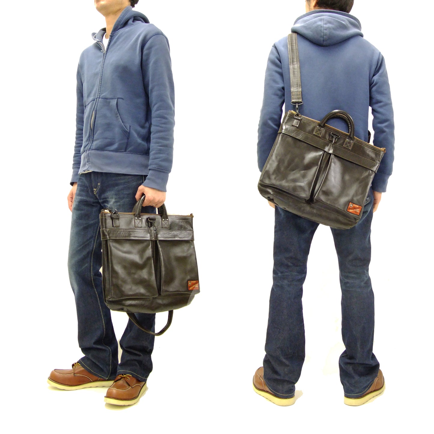 TOYS McCOY Men's Leather Shoulder Bag - U.S. Air Force Helmet Bag Style - TMA2418, 050 Brown Horsehide x Brass Zipper
