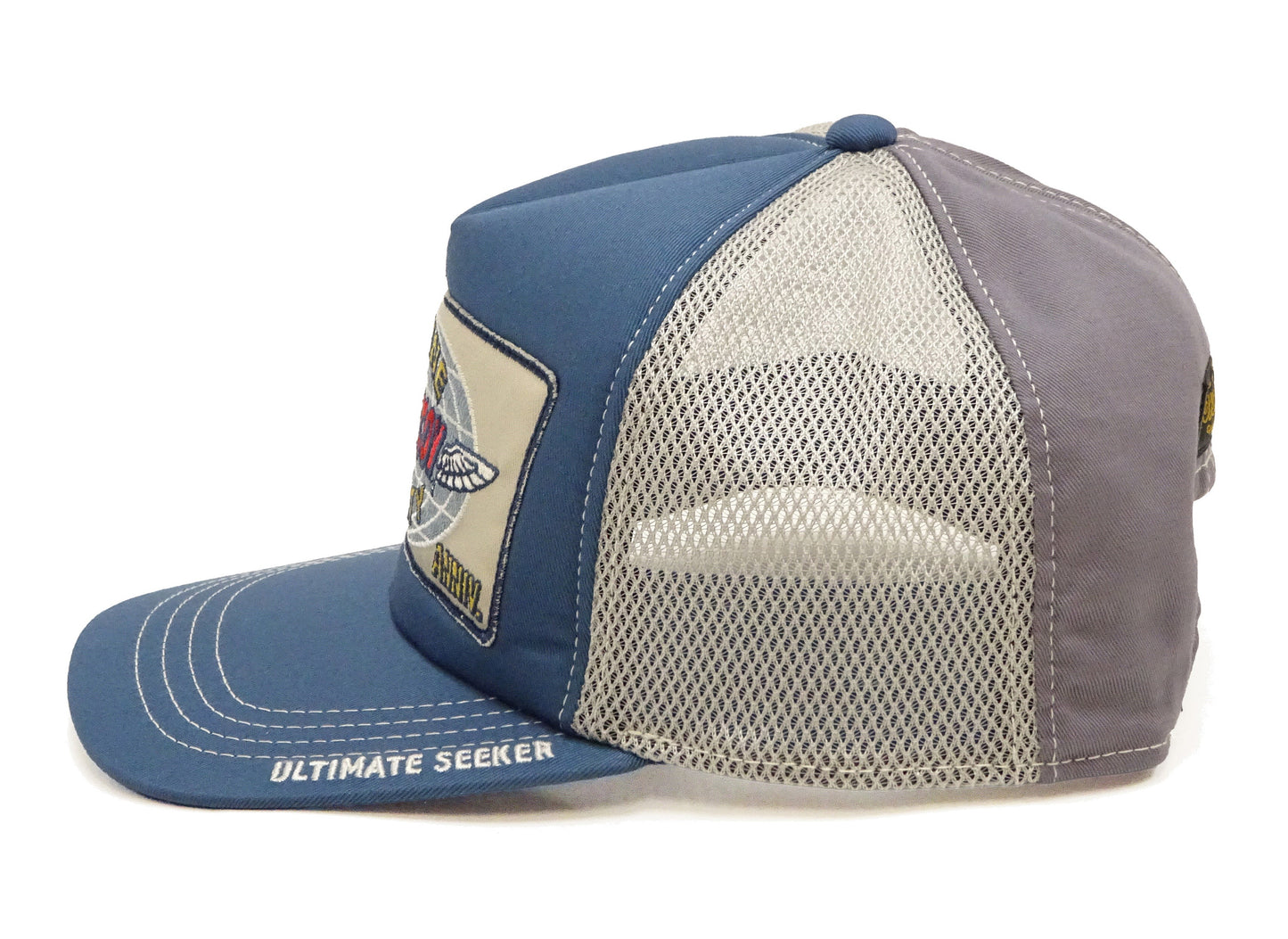 TOYS McCOY Men's Snapback Trucker Cap, Side Mesh Panels, 30th Anniv. Patch, Made in Japan (TMA2602 Blue/Gray)
