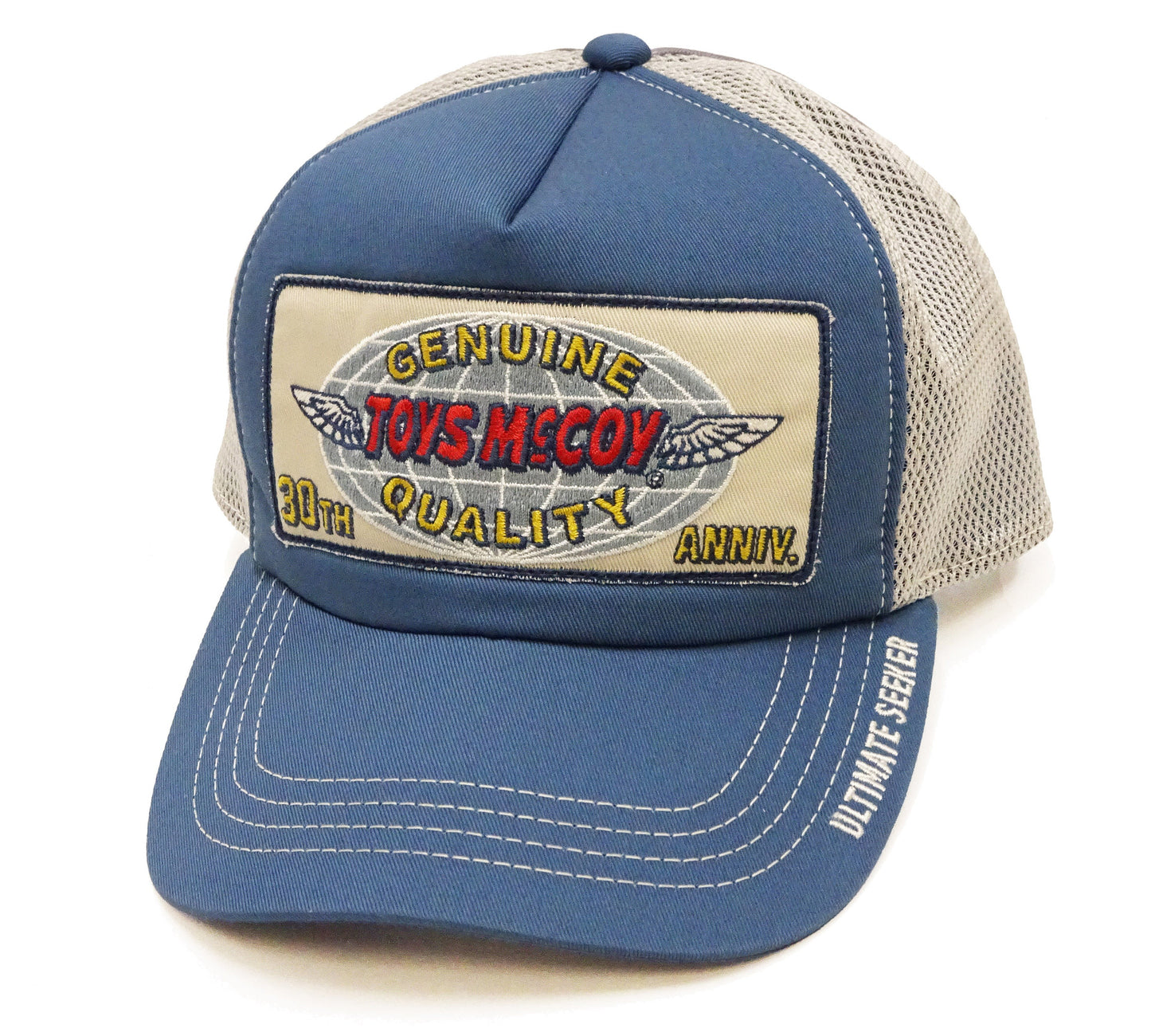 TOYS McCOY Men's Snapback Trucker Cap, Side Mesh Panels, 30th Anniv. Patch, Made in Japan (TMA2602 Blue/Gray)