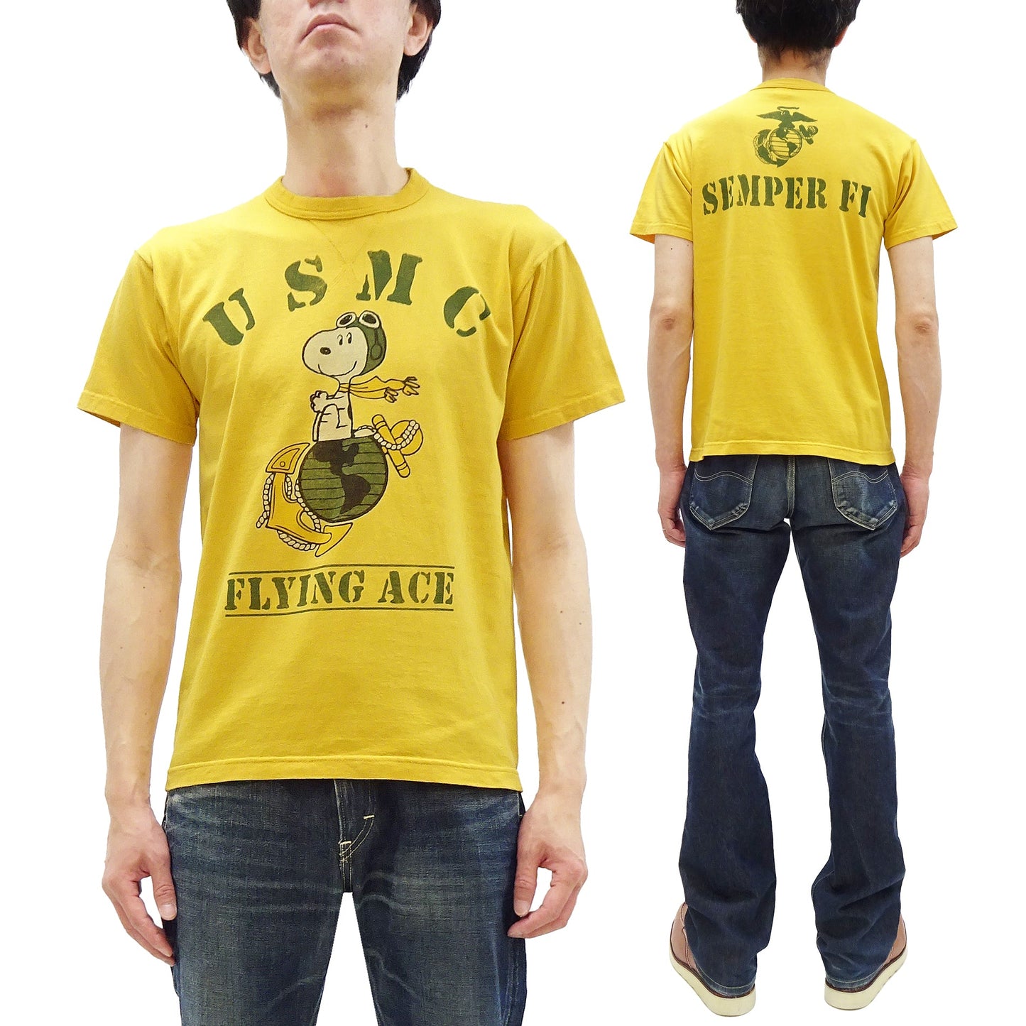 TOYS McCOY Graphic Loopwheel T-shirt - Men's Short Sleeve Flying Ace Snoopy x USMC Printed Tee TMC2527 Garment-Dyed Finish 060 Faded-Yellow