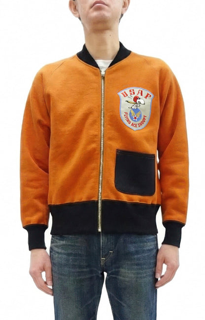 TOYS McCOY Men's Flying Ace Snoopy Zip-Up Sweatshirt - USAF C-2 Inspired, No Hood, Heavyweight 100% Cotton Loopwheel Fleece, Two-Tone Contrast Panel Design - Made in Japan (TMC2551 070 orange and black)