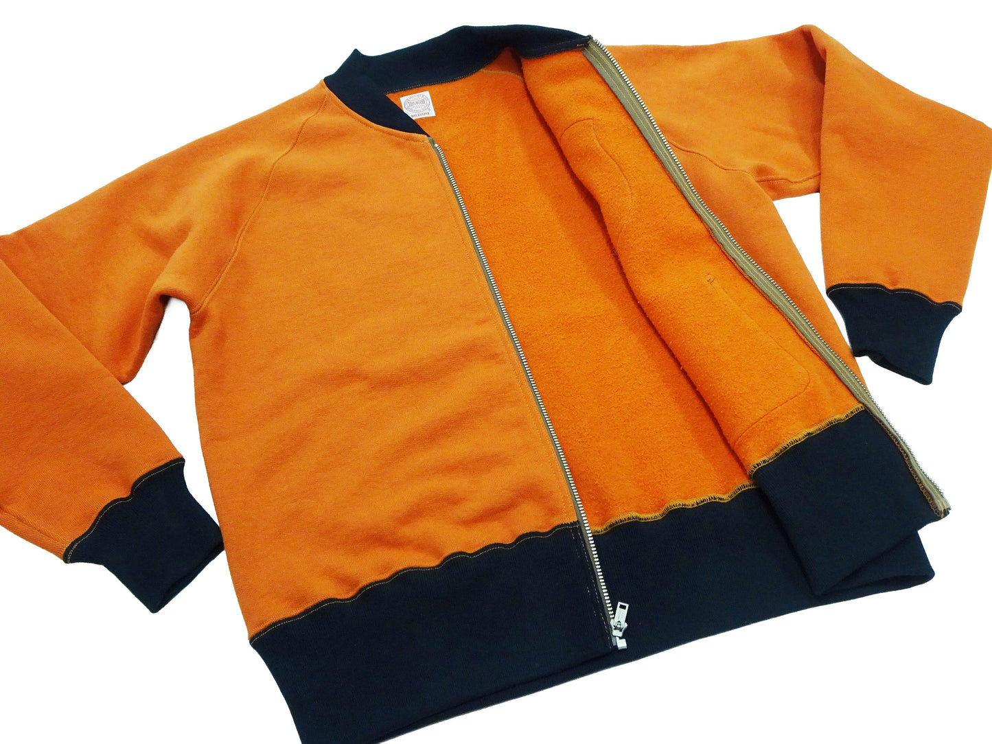 TOYS McCOY Men's Flying Ace Snoopy Zip-Up Sweatshirt - USAF C-2 Inspired, No Hood, Heavyweight 100% Cotton Loopwheel Fleece, Two-Tone Contrast Panel Design - Made in Japan (TMC2551 070 orange and black)