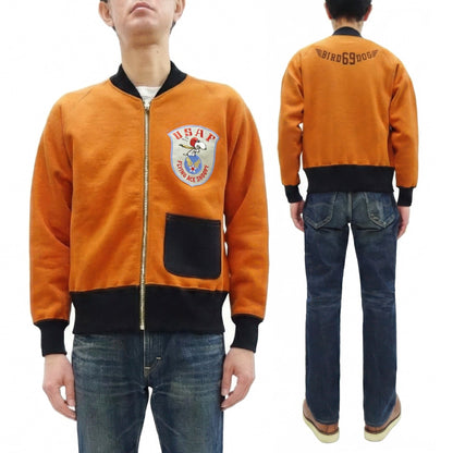 TOYS McCOY Men's Flying Ace Snoopy Zip-Up Sweatshirt - USAF C-2 Inspired, No Hood, Heavyweight 100% Cotton Loopwheel Fleece, Two-Tone Contrast Panel Design - Made in Japan (TMC2551 070 orange and black)