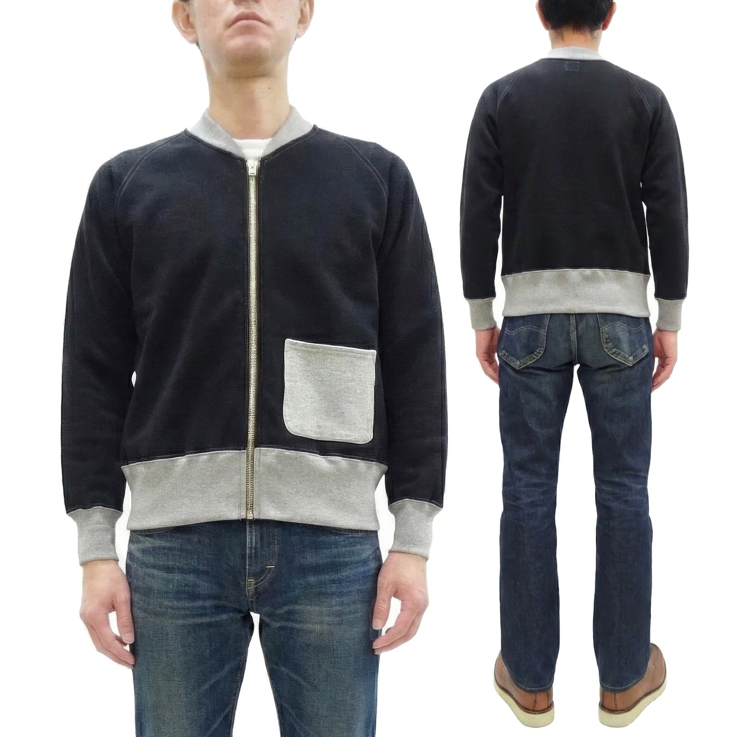 TOYS McCOY Men's Zip-Up Sweatshirt - USAAF C-2 Inspired, No Hood, Heavyweight 100% Cotton Loopwheel Fleece, Two-Tone Contrast Panel Design - Made in Japan (TMC2556 030 black and gray)