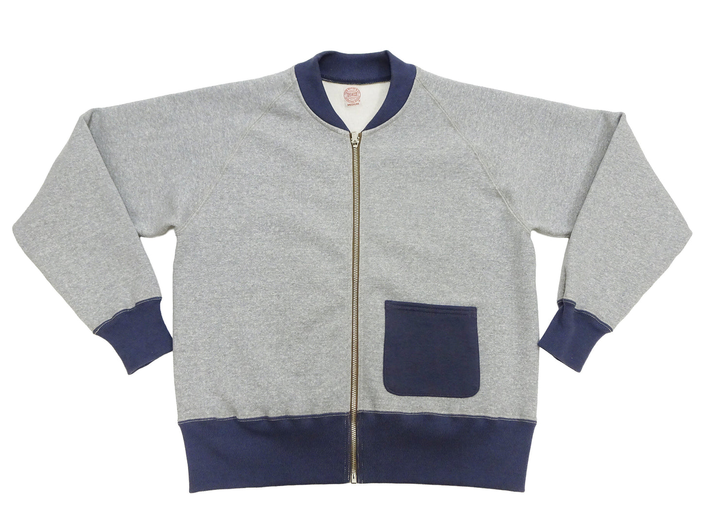 TOYS McCOY Men's Zip-Up Sweatshirt - USAAF C-2 Inspired, No Hood, Heavyweight 100% Cotton Loopwheel Fleece, Two-Tone Contrast Panel Design - Made in Japan (TMC2556 021 ash gray and navy)