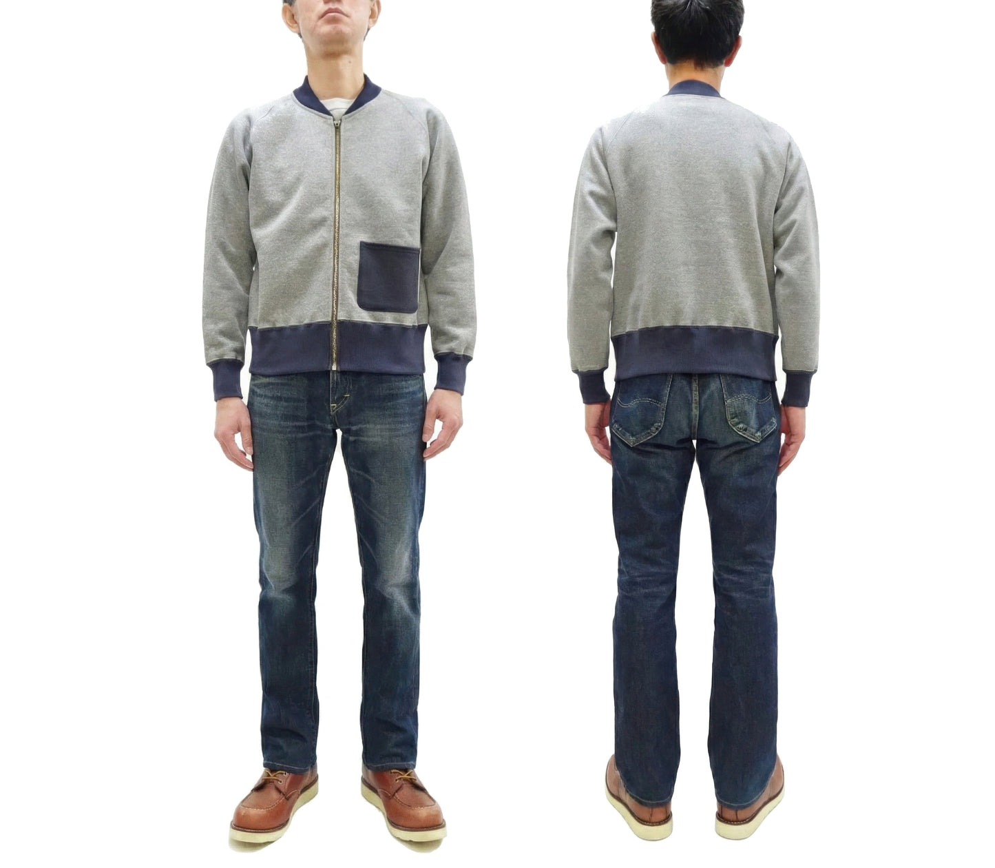 TOYS McCOY Men's Zip-Up Sweatshirt - USAAF C-2 Inspired, No Hood, Heavyweight 100% Cotton Loopwheel Fleece, Two-Tone Contrast Panel Design - Made in Japan (TMC2556 021 ash gray and navy)