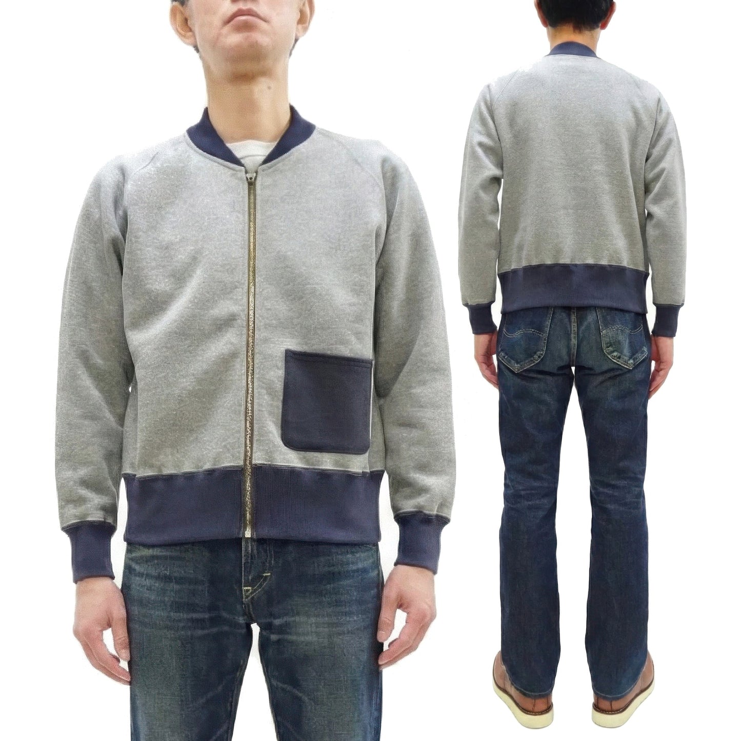 TOYS McCOY Men's Zip-Up Sweatshirt - USAAF C-2 Inspired, No Hood, Heavyweight 100% Cotton Loopwheel Fleece, Two-Tone Contrast Panel Design - Made in Japan (TMC2556 021 ash gray and navy)