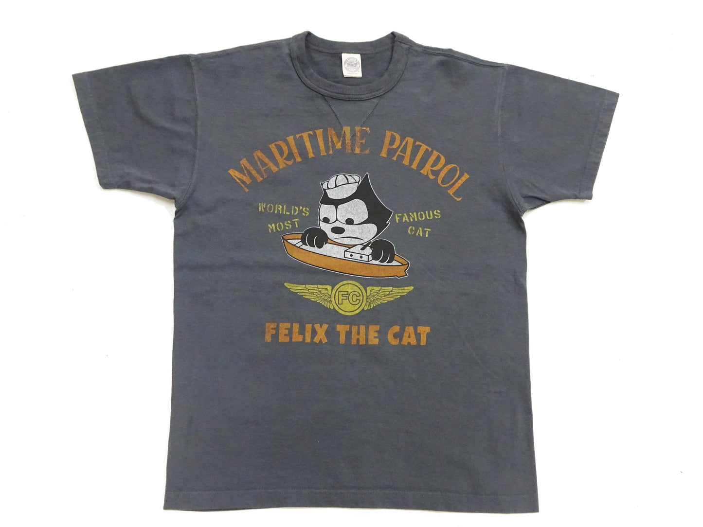 TOYS McCOY Men's Felix the Cat U.S. Navy Graphic Short Sleeve T-Shirt - Loopwheel Tubular Jersey, Garment Dyed, Made in Japan (TMC2601 030 Muted Black)