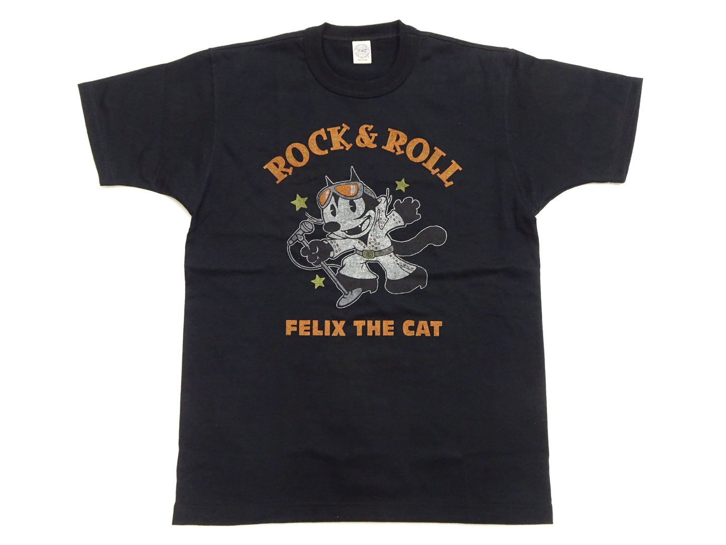 TOYS McCOY Felix the Cat "Rock & Roll" Short Sleeve Loopwheel Graphic T-Shirt - Made in Japan, Tubular Knit, Unwashed Finish (TMC2602 030 Black)