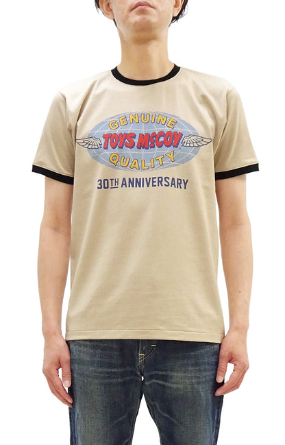 TOYS McCOY Men's 30th Anniversary Graphic Ringer T-Shirt, Heavyweight 100% Cotton Tubular Jersey Tee with No Side Seams, Unwashed, Made in Japan (TMC2609 Muted Beige with Black Trim)