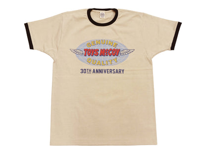 TOYS McCOY Men's 30th Anniversary Graphic Ringer T-Shirt, Heavyweight 100% Cotton Tubular Jersey Tee with No Side Seams, Unwashed, Made in Japan (TMC2609 Muted Beige with Black Trim)