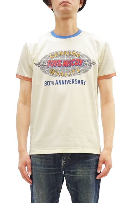 TOYS McCOY Men's 30th Anniversary Graphic Ringer T-Shirt, Heavyweight 100% Cotton Tubular Jersey Tee with No Side Seams, Unwashed, Made in Japan (TMC2609 Off-White with Blue/Orange Trim)