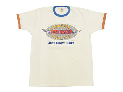 TOYS McCOY Men's 30th Anniversary Graphic Ringer T-Shirt, Heavyweight 100% Cotton Tubular Jersey Tee with No Side Seams, Unwashed, Made in Japan (TMC2609 Off-White with Blue/Orange Trim)