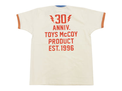 TOYS McCOY Men's 30th Anniversary Graphic Ringer T-Shirt, Heavyweight 100% Cotton Tubular Jersey Tee with No Side Seams, Unwashed, Made in Japan (TMC2609 Off-White with Blue/Orange Trim)