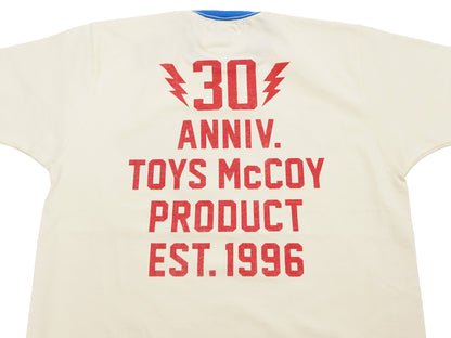 TOYS McCOY Men's 30th Anniversary Graphic Ringer T-Shirt, Heavyweight 100% Cotton Tubular Jersey Tee with No Side Seams, Unwashed, Made in Japan (TMC2609 Off-White with Blue/Orange Trim)