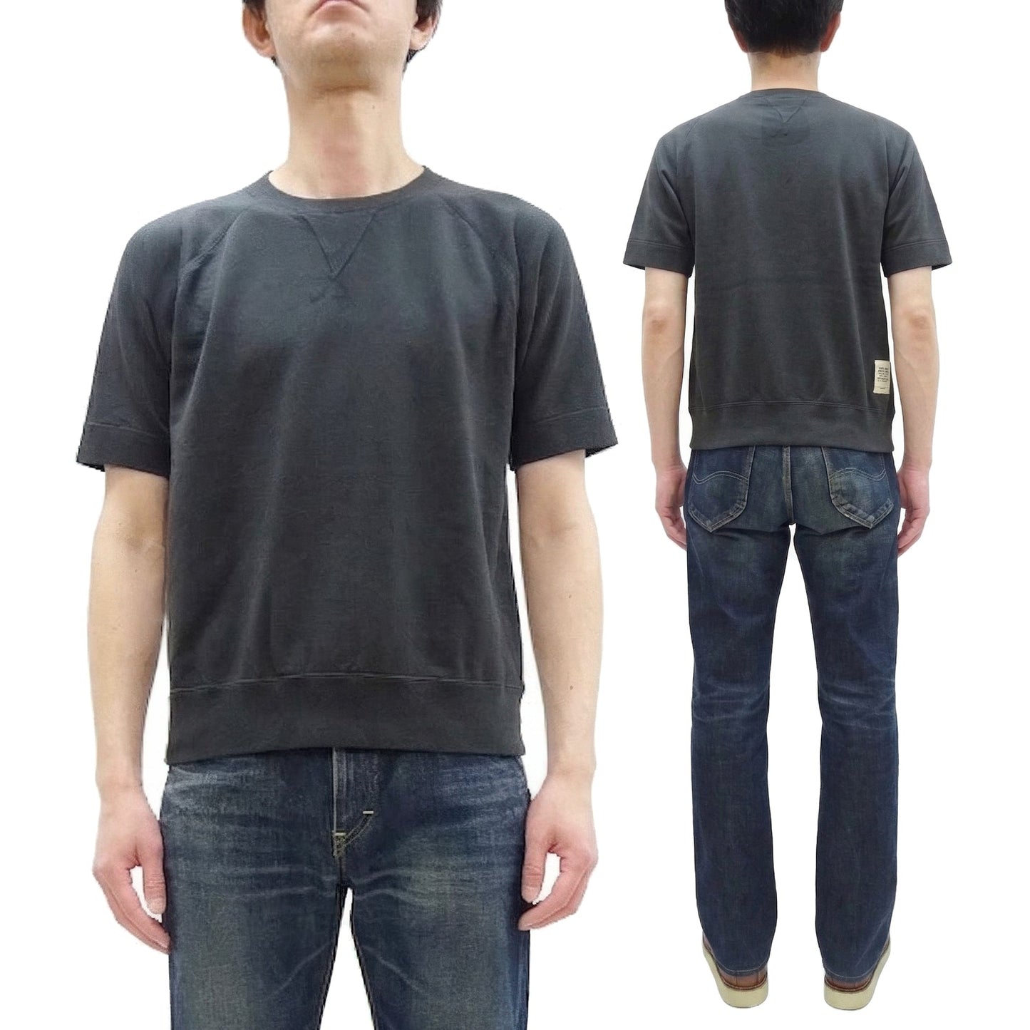 TOYS McCOY Men's Short Sleeve Raglan Sweatshirt, Garment-Dyed Loopback French Terry, V-Gusset Crewneck, Made in Japan (TMC2612 030 Garment-Dyed Washed Black)