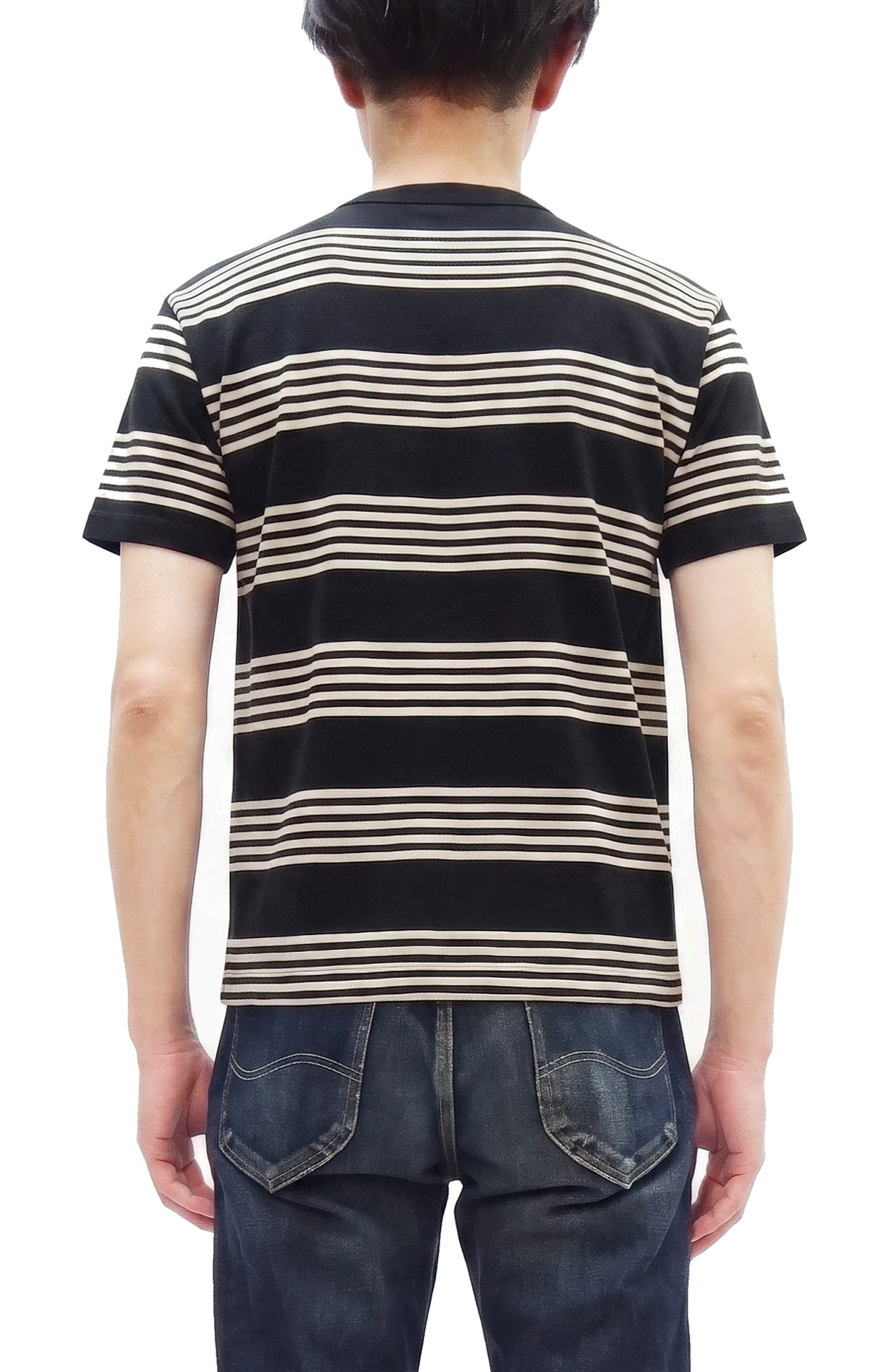 TOYS McCOY Men's Steve McQueen Inspired Multi-Border Striped Short Sleeve Crew Neck T-Shirt - Garment-Dyed Cotton Jersey - Made in Japan (TMC2616 041 Ivory x Black)