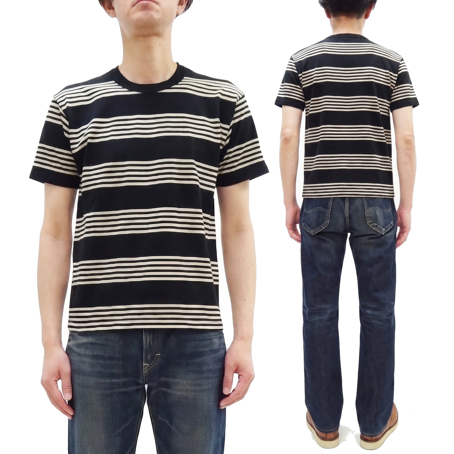 TOYS McCOY Men's Steve McQueen Inspired Multi-Border Striped Short Sleeve Crew Neck T-Shirt - Garment-Dyed Cotton Jersey - Made in Japan (TMC2616 041 Ivory x Black)